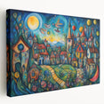 Stretched canvas wall art showcasing a vibrant landscape village design, featuring rich colors and intricate details, perfect for home decor enhancement.