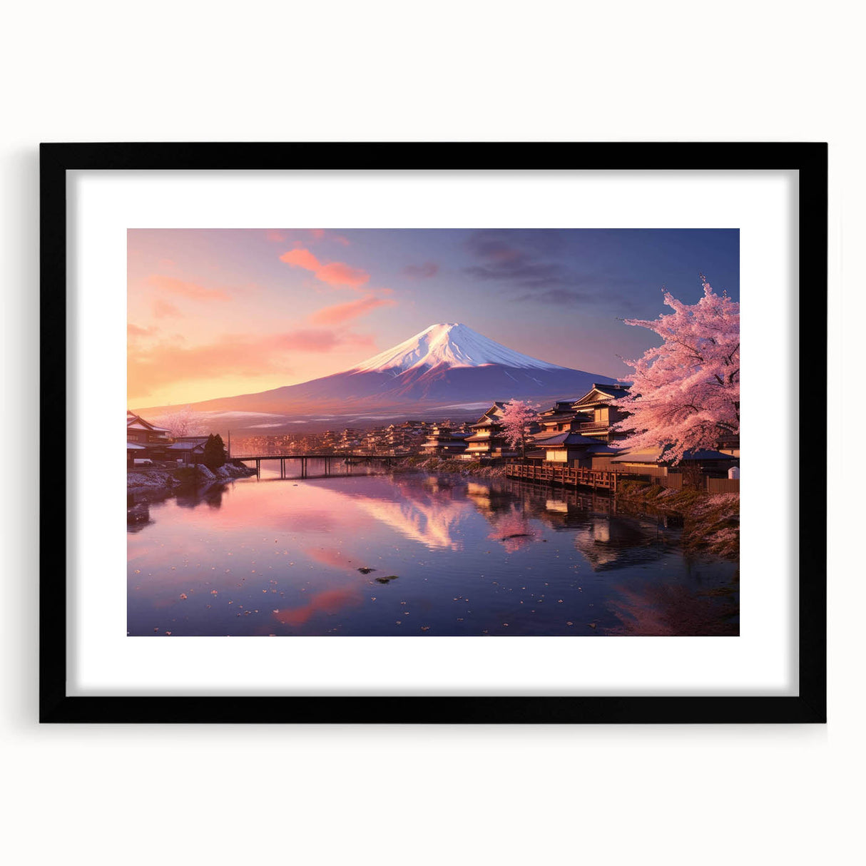 Framed wall art featuring a serene village landscape design with a black mat, showcasing vibrant colors and intricate details, perfect for home decor enhancement.