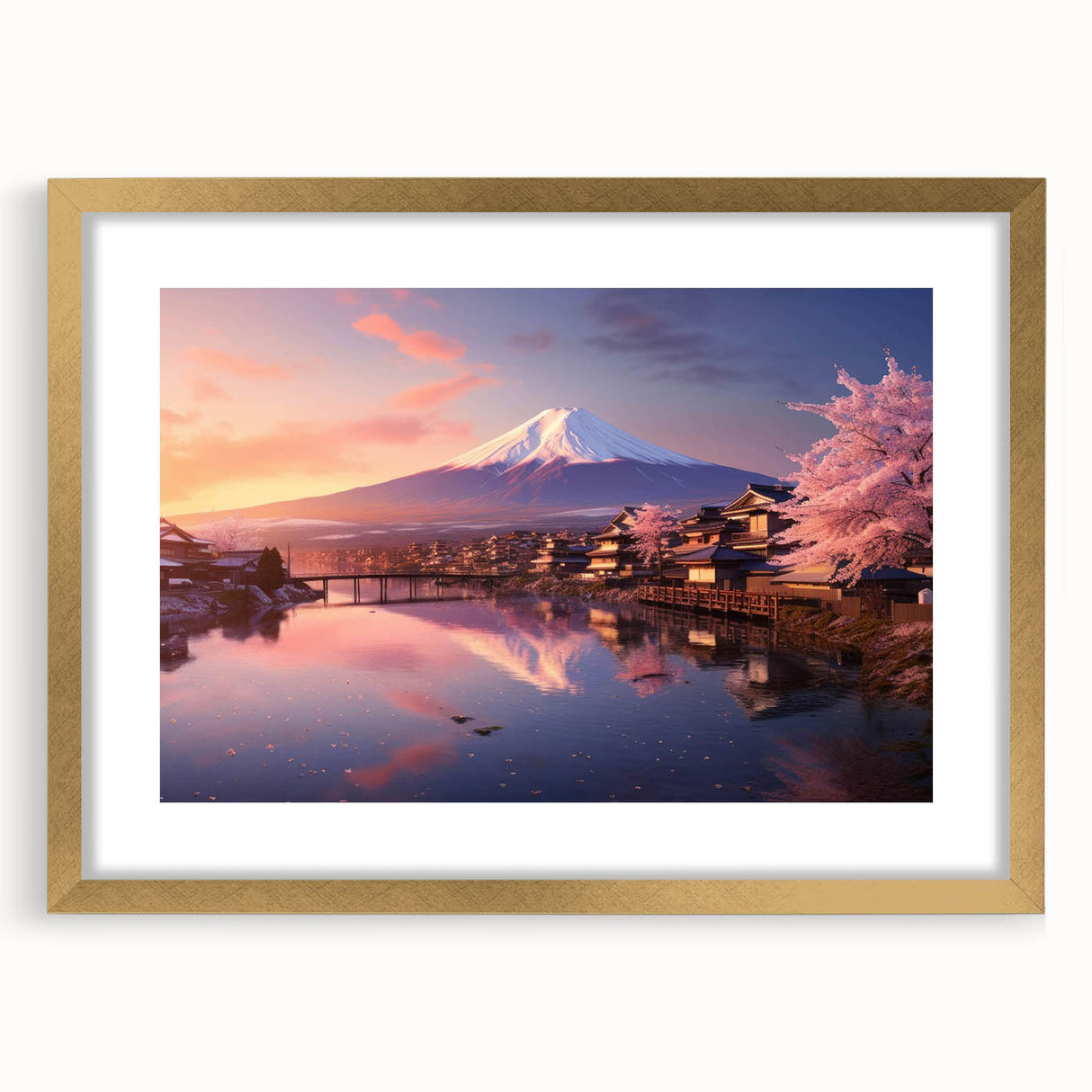 Elegant gold-framed wall art showcasing a picturesque village landscape design, complete with a mat for added depth, ideal for enhancing home decor aesthetics.