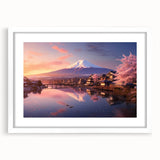 Framed wall art showcasing a serene village landscape design, featuring a white mat and sleek frame, perfect for enhancing home decor aesthetics.