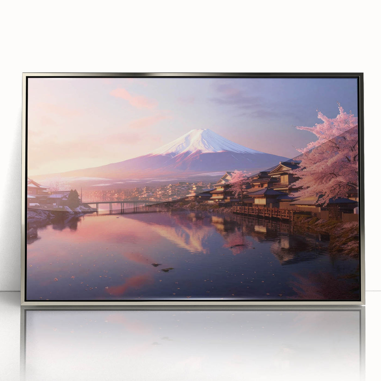 Framed wall art featuring a vibrant landscape design of a picturesque village, highlighted with silver accents and a sleek acrylic front, ideal for modern home decor.