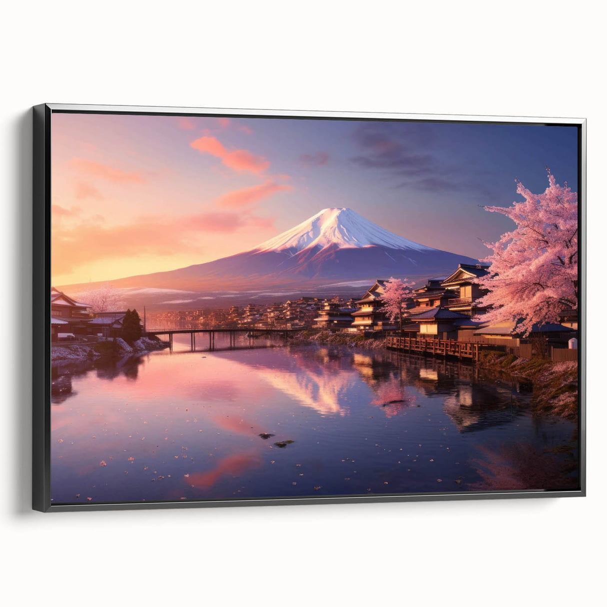 Framed black canvas wall art showcasing a vibrant village landscape, featuring colorful houses, trees, and a clear blue sky, ideal for home decor.