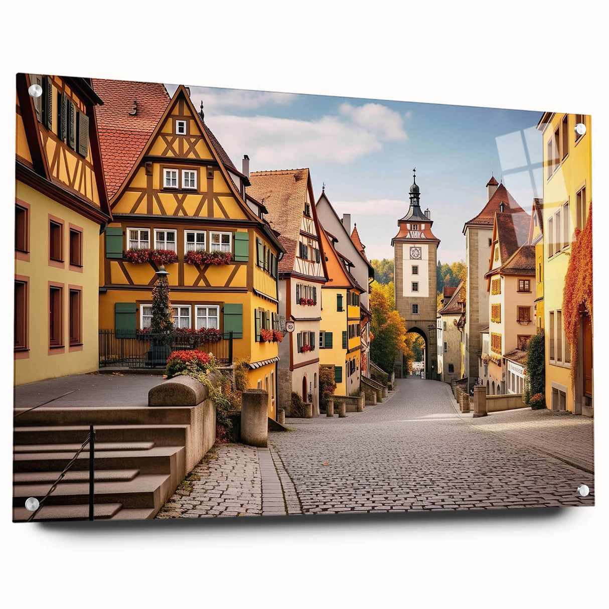 Acrylic glass wall art showcasing a vibrant landscape design of a charming village, elegantly displayed with pins for a stylish presentation. Ideal for home decor enthusiasts.