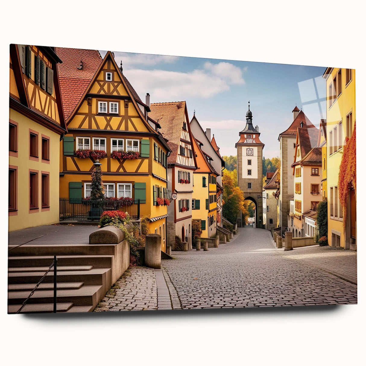 Acrylic glass wall art collection showcasing a vibrant landscape village design, featuring rich colors and intricate details, displayed from a side view without pins for a sleek modern finish. Ideal for enhancing home decor in contemporary settings.