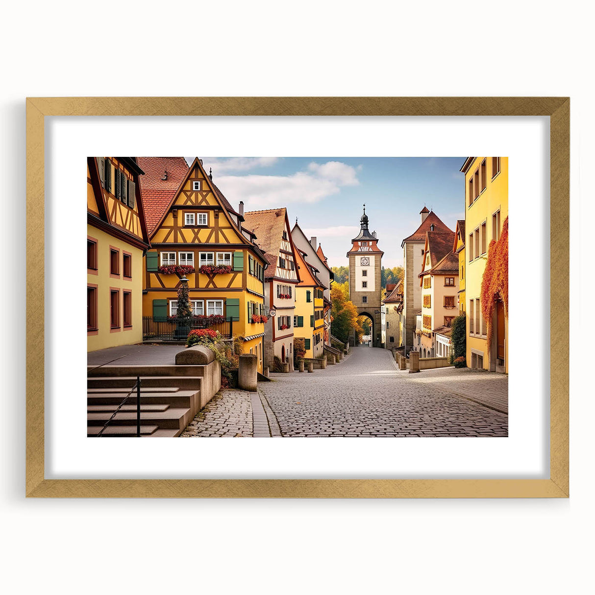 Framed wall art featuring a picturesque landscape of charming villages, with a gold mat and frame highlighting the serene scenery, perfect for home decor.
