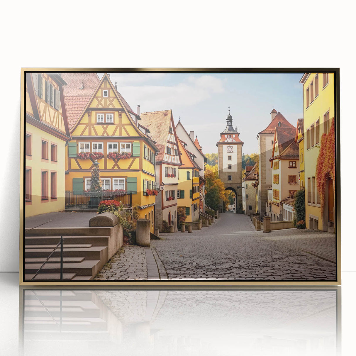 Framed acrylic wall art featuring a vibrant village landscape design with golden accents, perfect for home decor, enhancing any living space with charm.