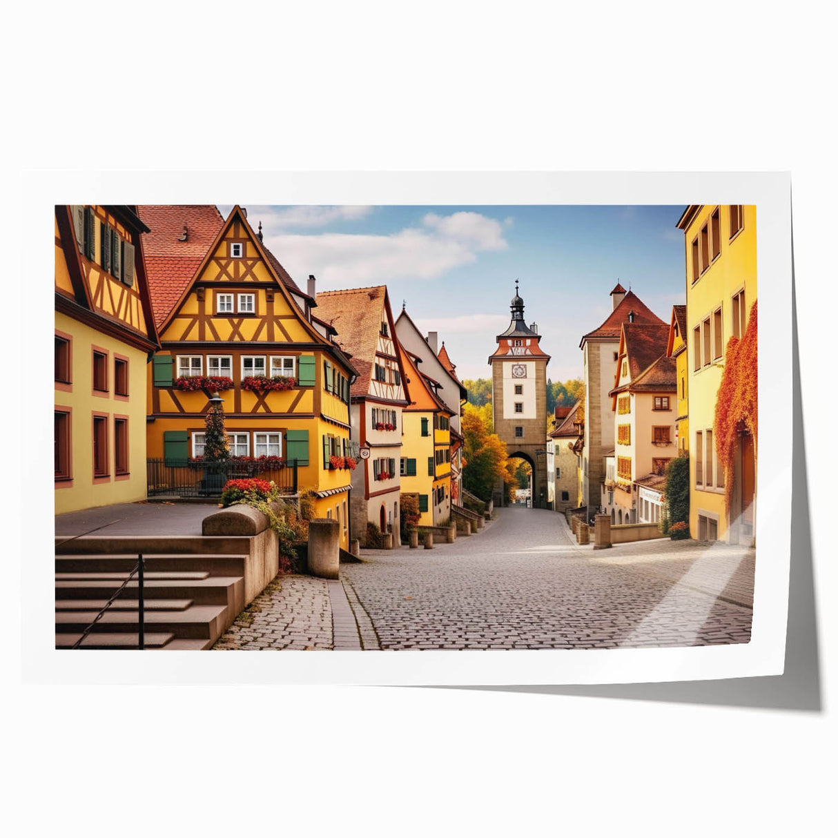 Rolled print showcasing a vibrant landscape village design, featuring lush greenery and colorful houses, ideal for home decor or art collection.