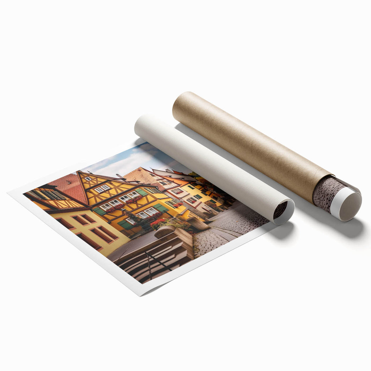 Rolled print showcasing a vibrant landscape village design with rich colors and intricate details, perfect for home decor and wall art enthusiasts.