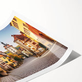 Vibrant rolled print of a scenic landscape featuring colorful villages, perfect for home decor. The artwork showcases intricate details and rich colors, enhancing any space.