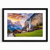 Framed wall art collection showcasing a serene landscape and village design, featuring a sleek black frame and white mat, ideal for home decor enhancement.