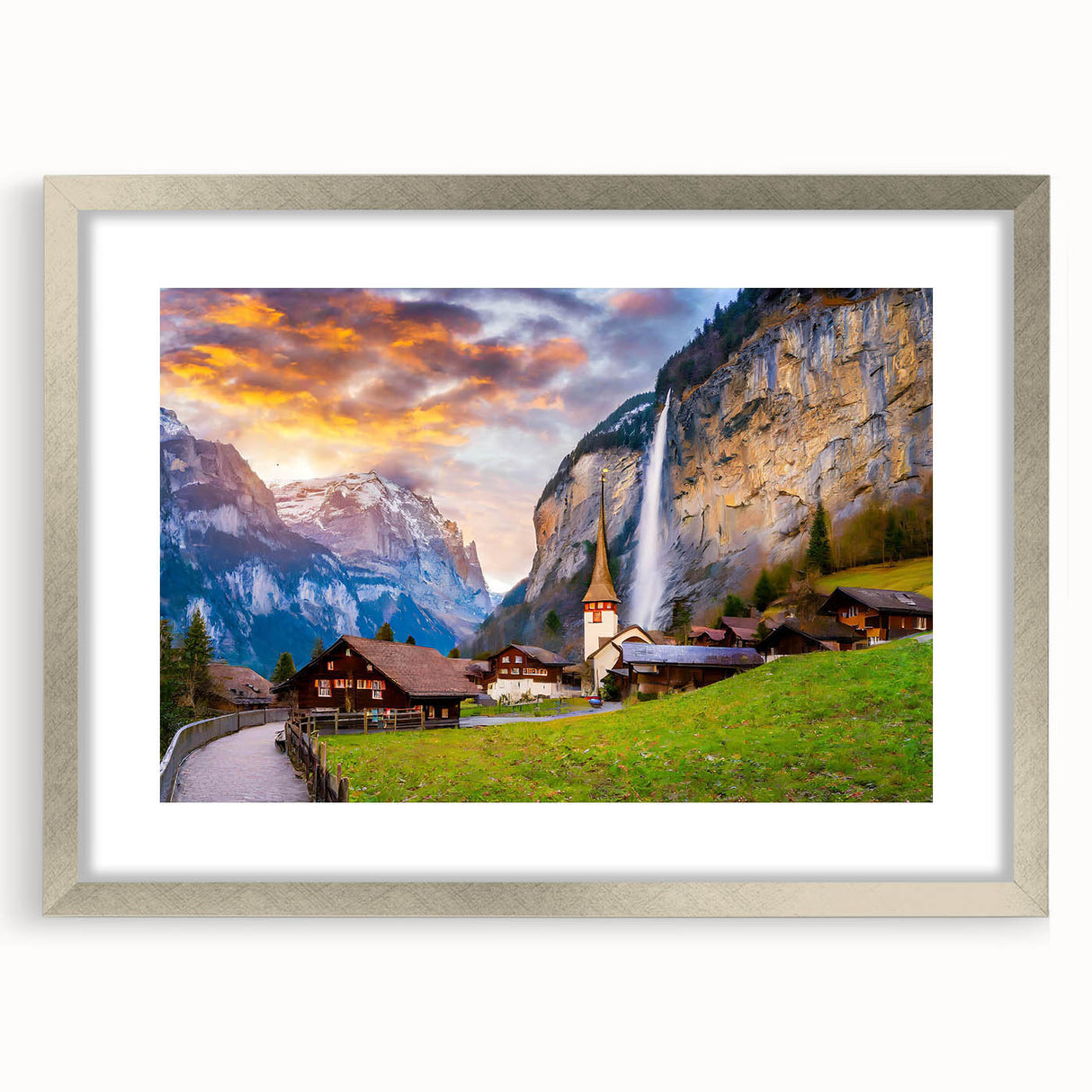 Framed landscape village wall art collection in silver with matting, showcasing serene countryside scenes, ideal for home decor and enhancing interiors.