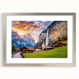 Framed landscape village wall art collection in silver with matting, showcasing serene countryside scenes, ideal for home decor and enhancing interiors.