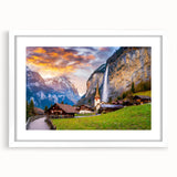 Framed landscape wall art collection showcasing vibrant village scenes, featuring a white mat and sleek frame, perfect for home decor enhancement.