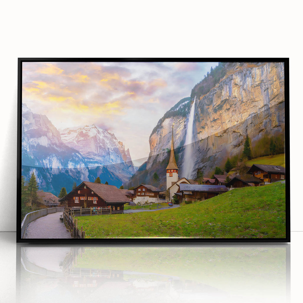 Framed acrylic wall art collection showcasing vibrant landscapes and charming villages, featuring a sleek black frame and a front view display, perfect for home decor.