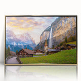 Framed acrylic wall art showcasing a picturesque landscape village design, featuring vibrant colors and a gold frame, ideal for home decor.