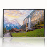 Framed acrylic wall art showcasing a serene landscape of a picturesque village, featuring vibrant colors and intricate details, perfect for home decor.