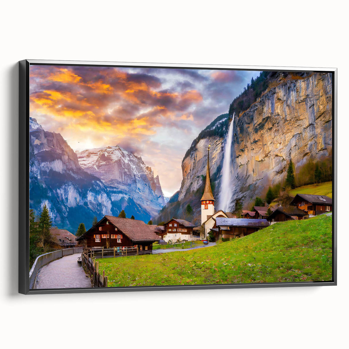 Framed canvas wall art showcasing a vibrant village landscape design, featuring rich colors and intricate details, set against a sleek black frame, ideal for home decor.