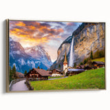 Framed canvas wall art showcasing a stunning village landscape design, featuring vibrant colors and a gold frame, ideal for home decor enhancement.