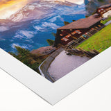 Rolled canvas featuring a vibrant landscape village design, showcasing colorful houses and lush greenery, ideal for home decor. Packaged securely in a protective tube.