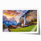 Vibrant rolled print showcasing a serene landscape with quaint village houses, ideal for home decor, featuring soft colors and intricate details, packaged securely.