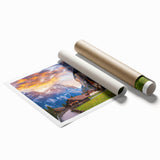 Rolled print showcasing a vibrant landscape village design, featuring colorful houses and lush greenery, perfect for enhancing home decor aesthetics.