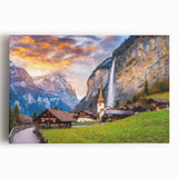 Stretched canvas wall art collection showcasing a vibrant village landscape design, featuring lush greenery and colorful buildings, ideal for home decor.