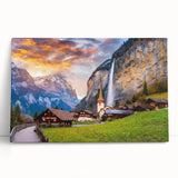 Stretched canvas wall art showcasing a vibrant village landscape design with lush greenery, colorful homes, and a serene sky, perfect for home decor enthusiasts.