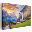 Stretched canvas artwork showcasing a serene landscape village design with vibrant colors and intricate details, perfect for enhancing home decor aesthetics.