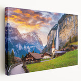Stretched canvas artwork showcasing a serene landscape village design with vibrant colors and intricate details, perfect for enhancing home decor aesthetics.