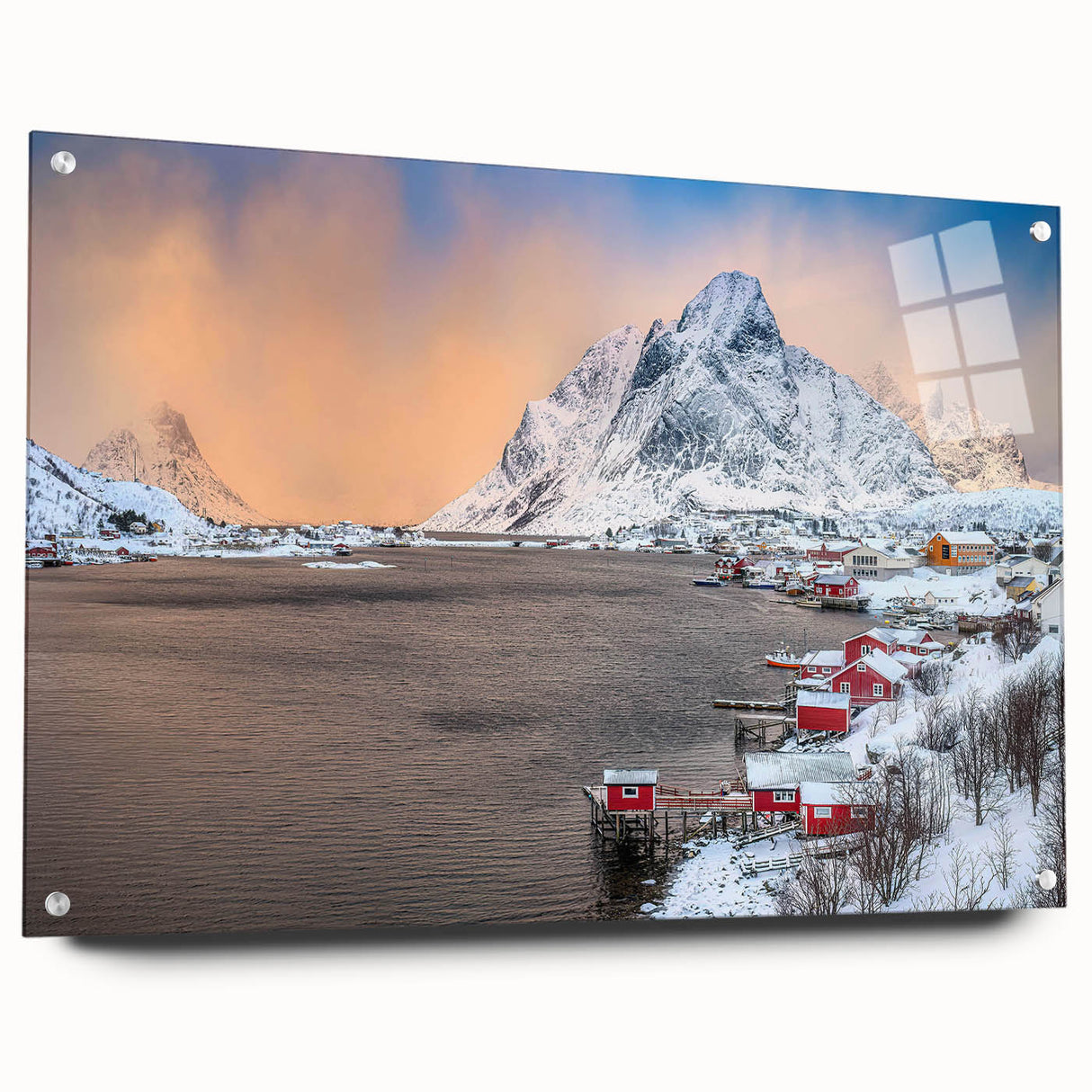Acrylic glass wall art collection showcasing a vibrant landscape village design, displayed from a side view with decorative pins highlighting its modern aesthetic.