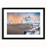 Framed landscape wall art featuring a serene village design with vibrant colors, black mat, and sleek black frame, ideal for home decor. Perfect for enhancing living spaces with artistic charm.