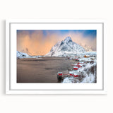 Framed wall art collection showcasing a serene village landscape, featuring vibrant colors and intricate details, set in a sleek white mat frame for an elegant display.