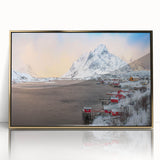 Framed acrylic wall art showcasing a serene village landscape design with vibrant colors, gold accents, and a modern aesthetic, ideal for home decor.