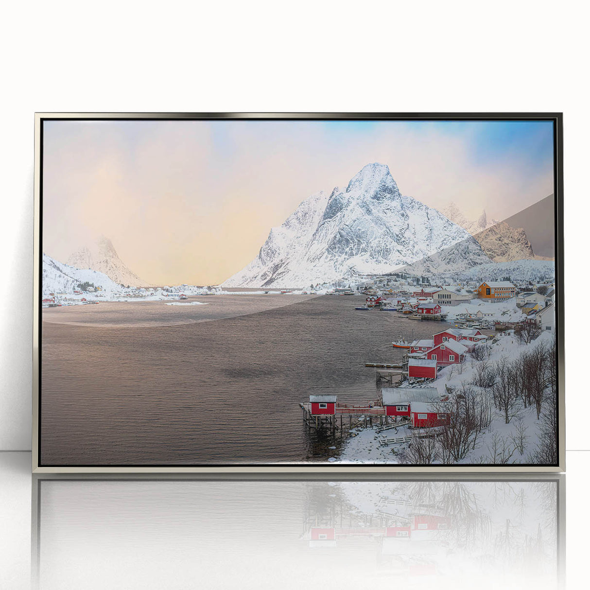 Framed acrylic wall art depicting serene village landscapes, showcasing vibrant colors and intricate details, ideal for enhancing home decor with a touch of elegance.