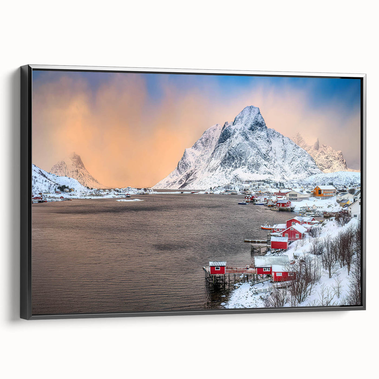 Framed canvas wall art showcasing a serene village landscape design with soft colors, viewed from the side against a neutral background, ideal for home decor.