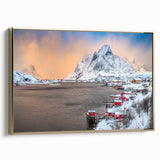 Framed canvas wall art showcasing a serene village landscape design with gold accents, perfect for home decor. The side view highlights its elegant framing and vibrant colors, enhancing any living space.