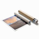 Rolled print of a serene landscape village design showcasing vibrant colors and detailed scenery, ideal for home decor or art collection, packaged securely in a cardboard tube.