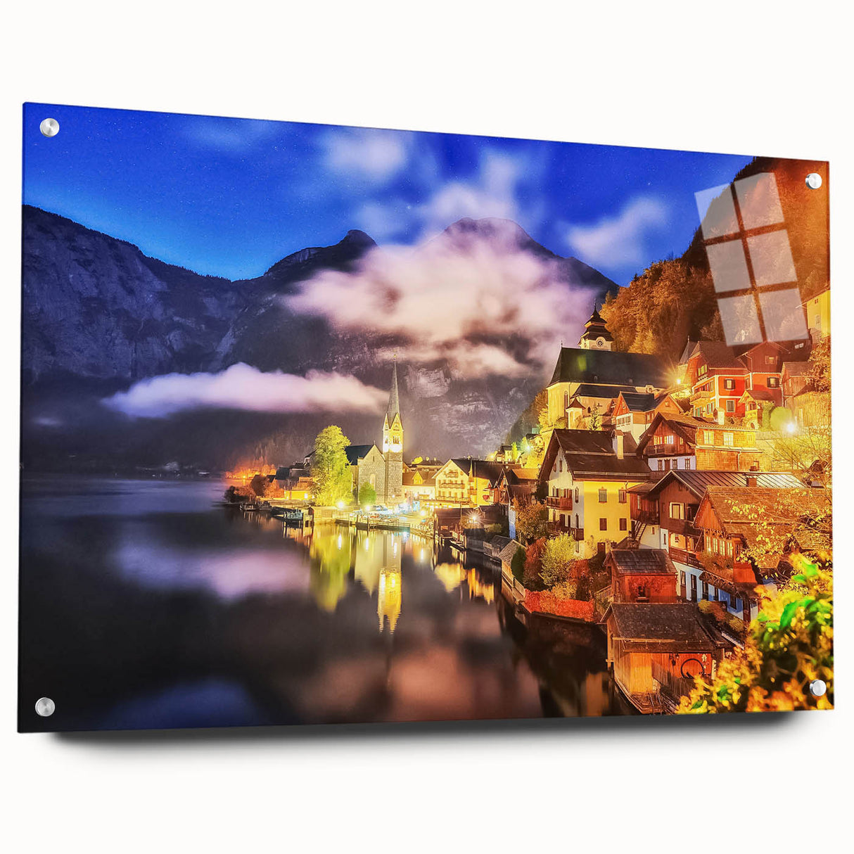 Abstract acrylic glass wall art showcasing a vibrant village landscape design, featuring rich colors and intricate details, ideal for modern home decor.