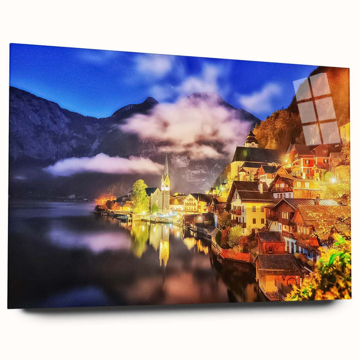 Acrylic wall art collection showcasing a vibrant landscape design featuring colorful villages, displayed on a glass surface with a side view. Perfect for modern home decor.