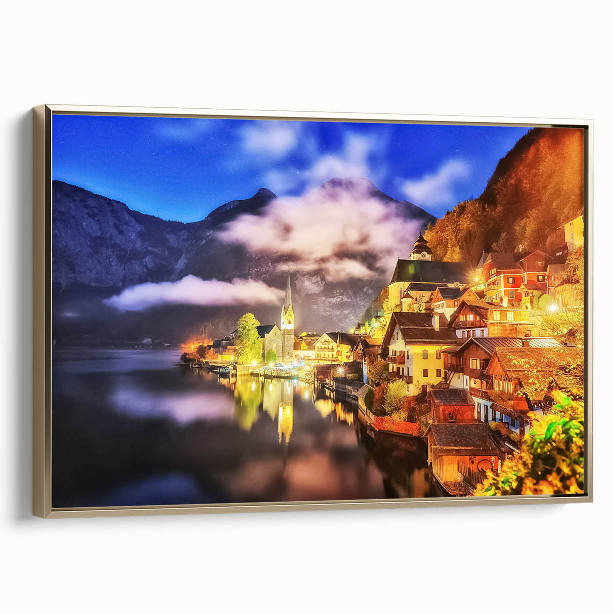Framed canvas wall art featuring a serene village landscape with golden accents, showcasing tranquil scenery and vibrant colors, ideal for home decor.