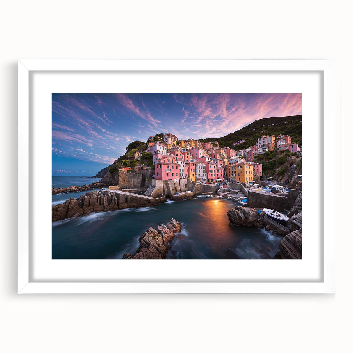 Framed wall art featuring a picturesque village landscape design, elegantly presented with a white mat and a sleek frame, ideal for home decor enhancement.