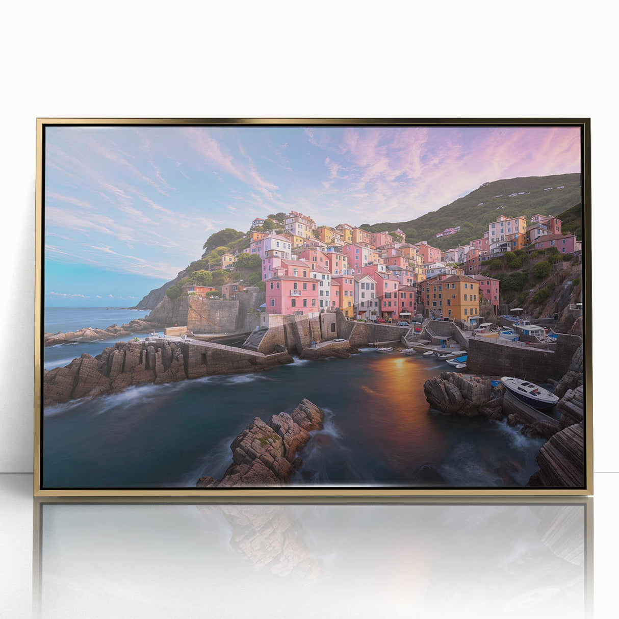 Framed acrylic wall art showcasing a serene village landscape with vibrant colors, set in a stylish gold frame, perfect for enhancing home decor.