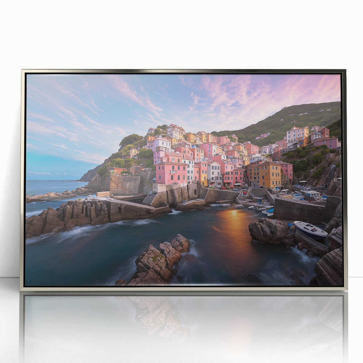 Framed acrylic wall art featuring a serene village landscape design with vibrant colors, silver frame, and a modern aesthetic, ideal for home decor enhancement.