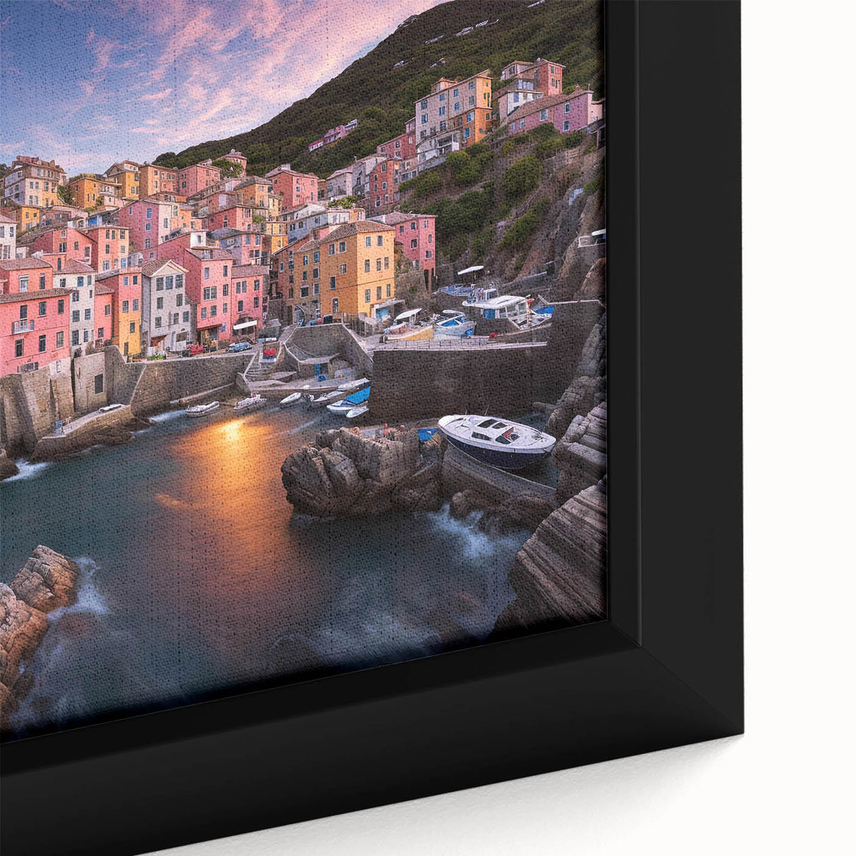 Framed canvas wall art showcasing a vibrant village landscape design with intricate details, perfect for home decor. Ideal for art lovers and interior designers.