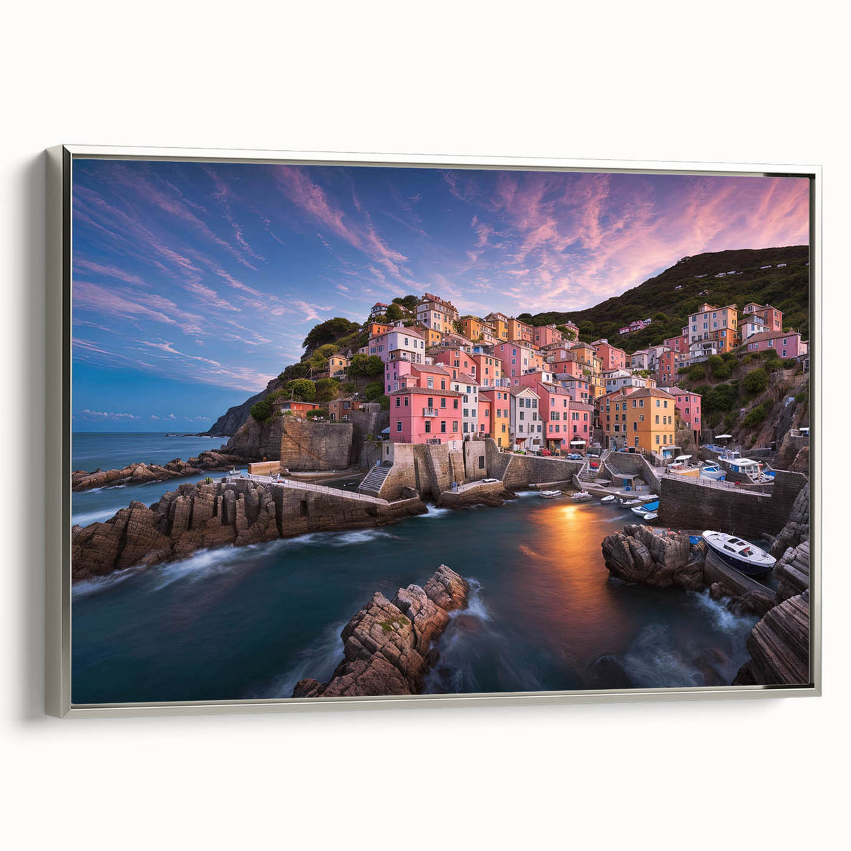 Framed canvas wall art showcasing a serene village landscape design with silver accents, ideal for home decor, adding elegance and tranquility to any room setting.