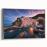 Framed canvas wall art showcasing a serene village landscape design with silver accents, ideal for home decor, adding elegance and tranquility to any room setting.