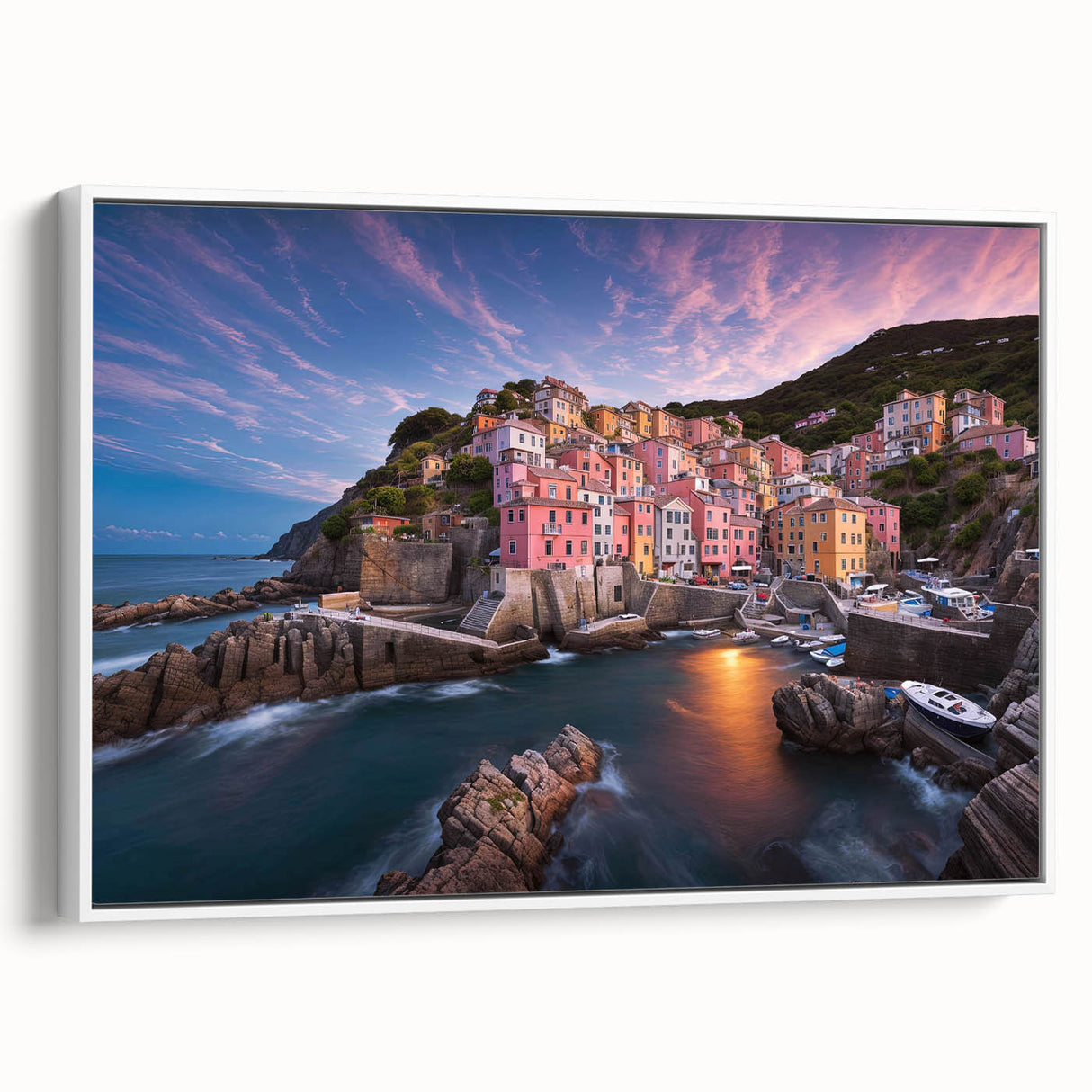 Framed canvas wall art showcasing a serene village landscape design, featuring soft pastel colors and intricate details, perfect for home decor enhancement.