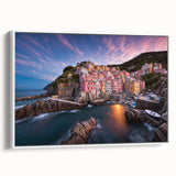 Framed canvas wall art showcasing a serene village landscape design, featuring soft pastel colors and intricate details, perfect for home decor enhancement.