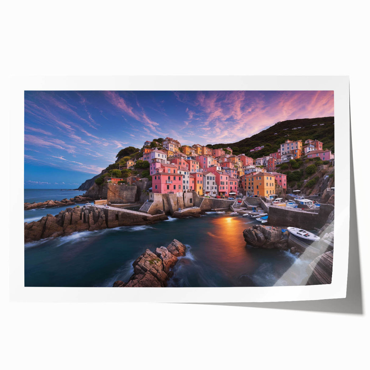Rolled print showcasing a vibrant landscape of a charming village with colorful houses and lush greenery, ideal for home decor and artistic enhancement.