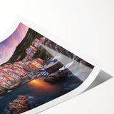 Rolled print showcasing a vibrant landscape village scene with lush green hills and quaint homes, designed for wall decoration, emphasizing artistic detail and color.